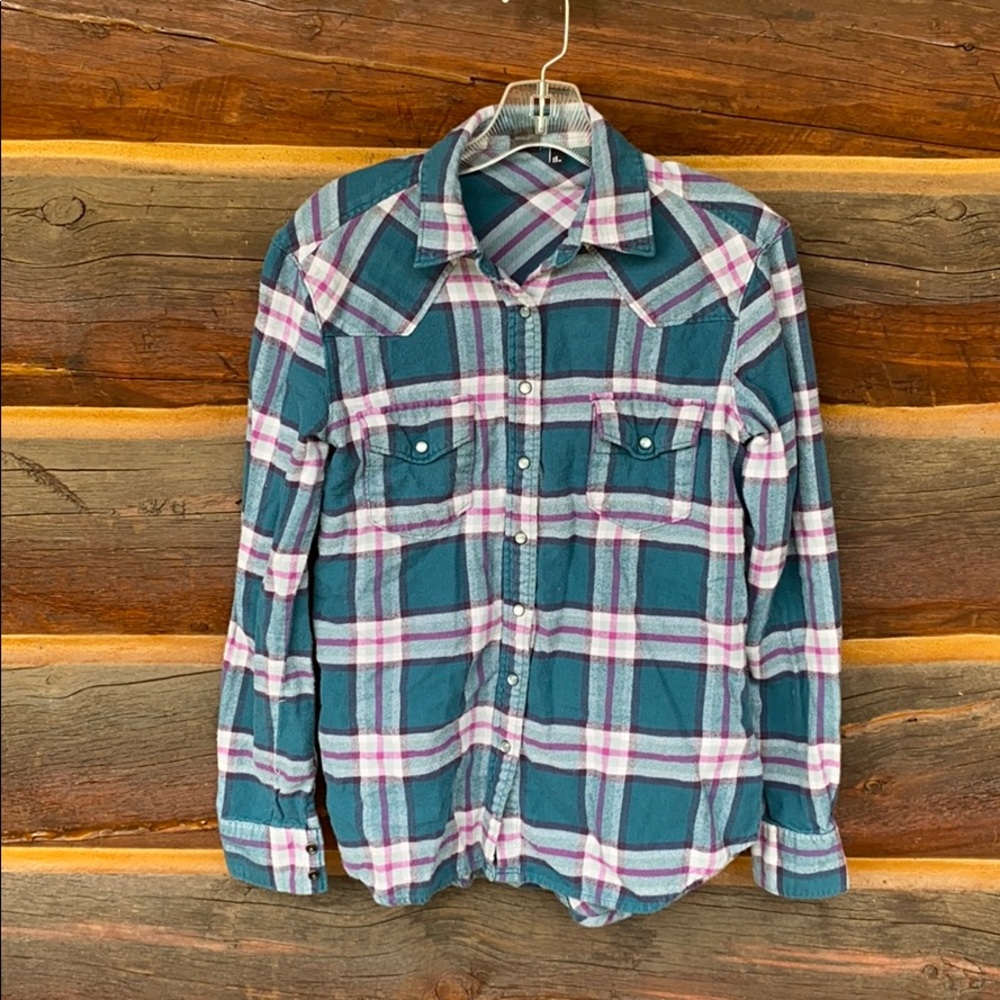 Teal and magenta flannel snap shirt